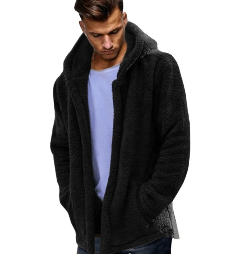

2021 Factory Stock Reversible Long Sleeve Faux Sherpa Fleece Jacket Men Hooded Men Jackets Winter