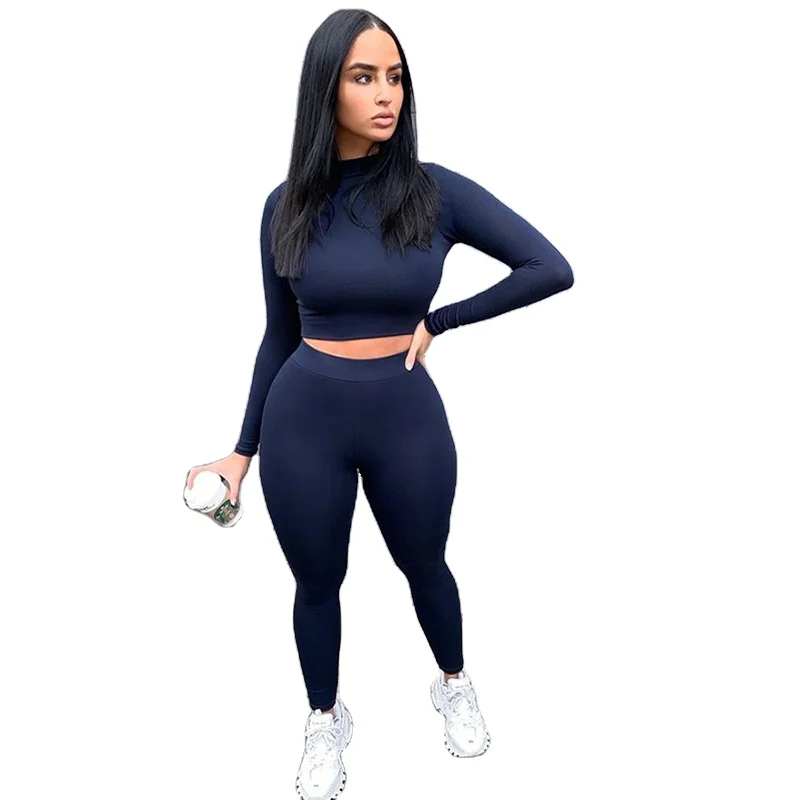 

Summer outfits for women 2021 Tracksuit women turtleneck full crop top leggings two piece set sporty fitness casual outfits, Picture shows