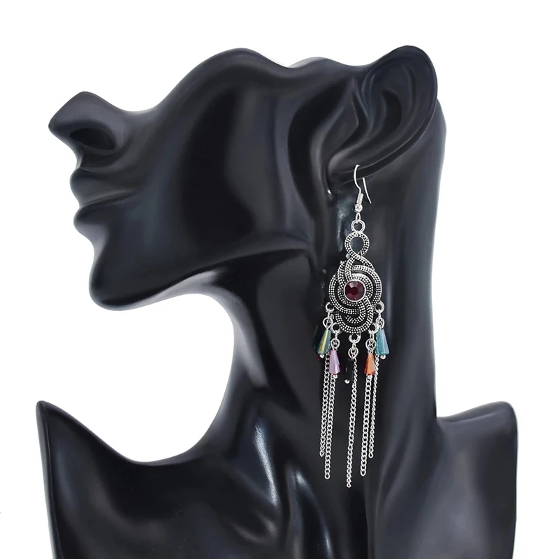

Fashion Bohemian Ethnic Women Ear Long Line Chain Jewelry Tassel Earrings Silver Plated Tassel Earrings, Black,red,blue,dark blue,colorful