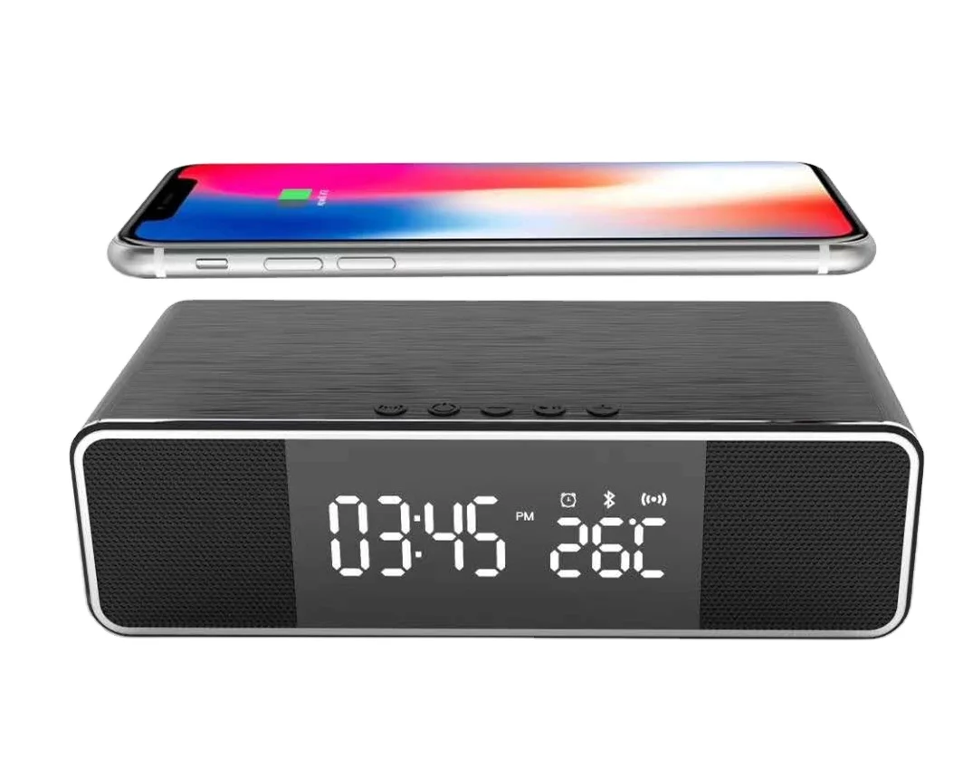 

2021 New Arrivals Portable FM Radio Thermometer Digital Alarm Clock Wireless Charger Smart Wireless Speaker, Black, silver