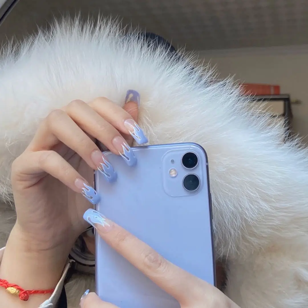 

EU US light blue flame press on nails full nail cover false finger nails false press