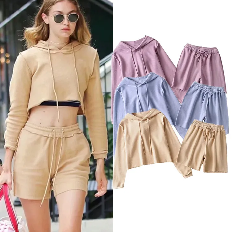 

New Summer Womens 2 Piece Inside-out Rough Edge Sports Crop Hoodie And Shorts Set, Picture