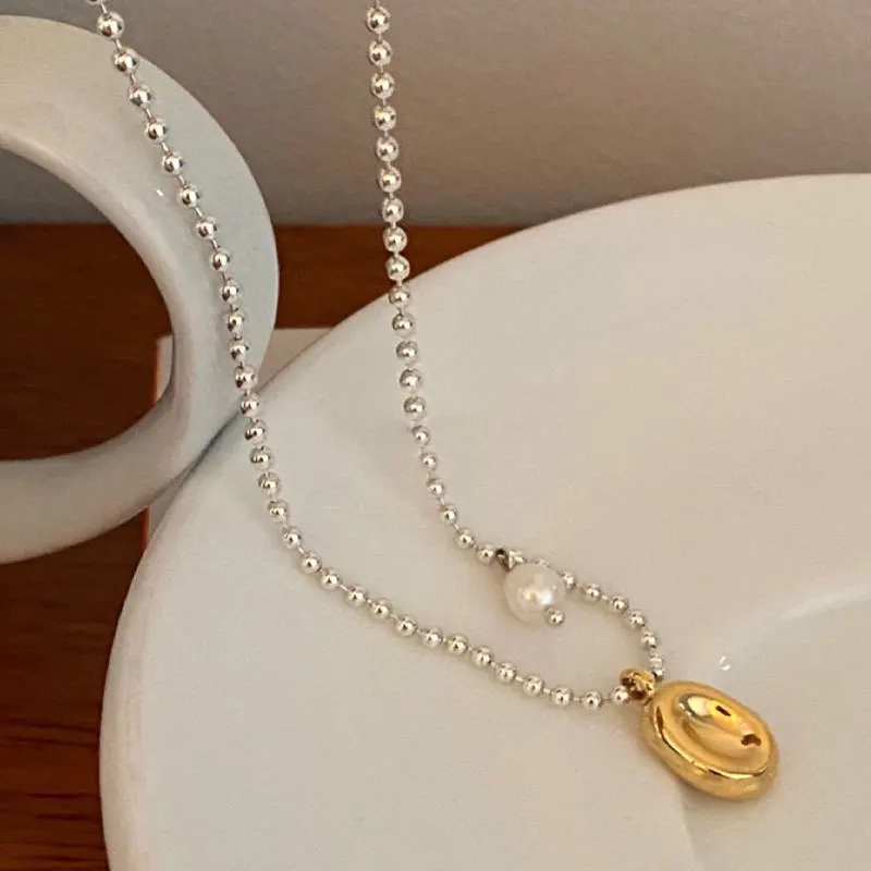 

Hot Selling Gold Plated Pearl Geometric Pendant Beaded Necklace S925 Sterling Silver Pearl Oval Bean Necklace For Women Ladies