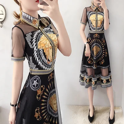 

European and American Women Fashion Short Sleeve Vintage Retro Royal Pattern Print Mesh Patchwork Dress