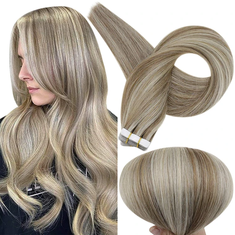 

Full Shine Hot Sale #P8/60 Light Brown Highlight Ice Blonde Hair Extensions Tape in Remy Human Hair 14-24"