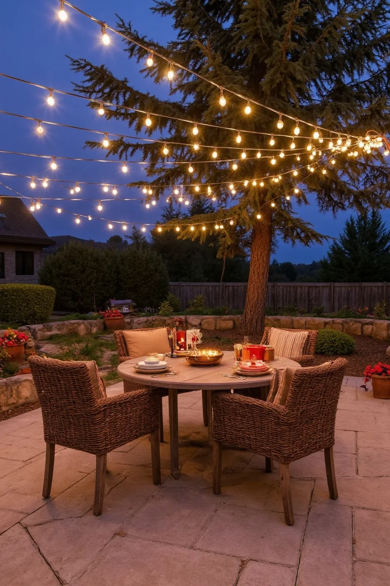 Family enjoying patio with string lights