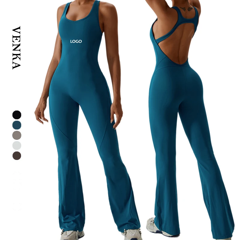 

Women's Workout Tracksuit One Piece Sports Yoga Pants Flared Legging Hollow Out Beautiful Back Butt Lifting Gym Jumpsuits Ladies