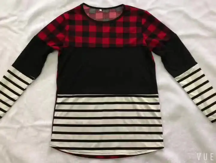

Womens Long Sleeve Tee Plaid Splicing Striped O-Neck Blouse, Pictures show