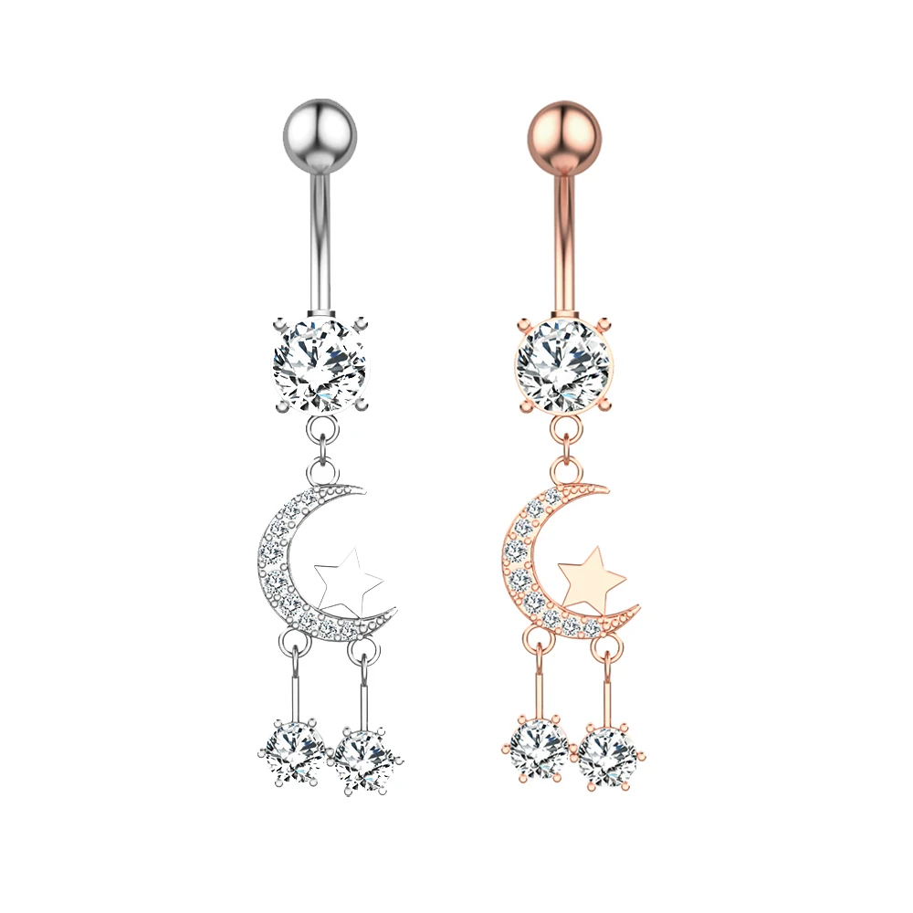

Moon Pentagram Two Chains With Large Zircon Belly Ring Jewelry Belly Dangle Surgical Steel Ball Body Piercing, Sliver and rose gold
