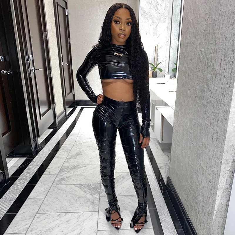 

new style fashion long sleeve o-neck crop top stacked pants PU leather two piece set women clothing