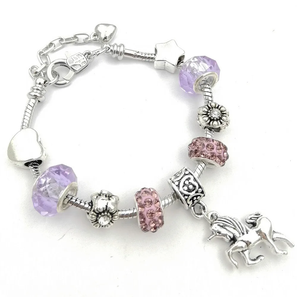 

DIY Pink Crystal CZ Unicorns Bracelet Dangle Bangles Kids Best Selling Love Heart Bead Charm Bracelet Austrian Crystal Chain, 5 colors