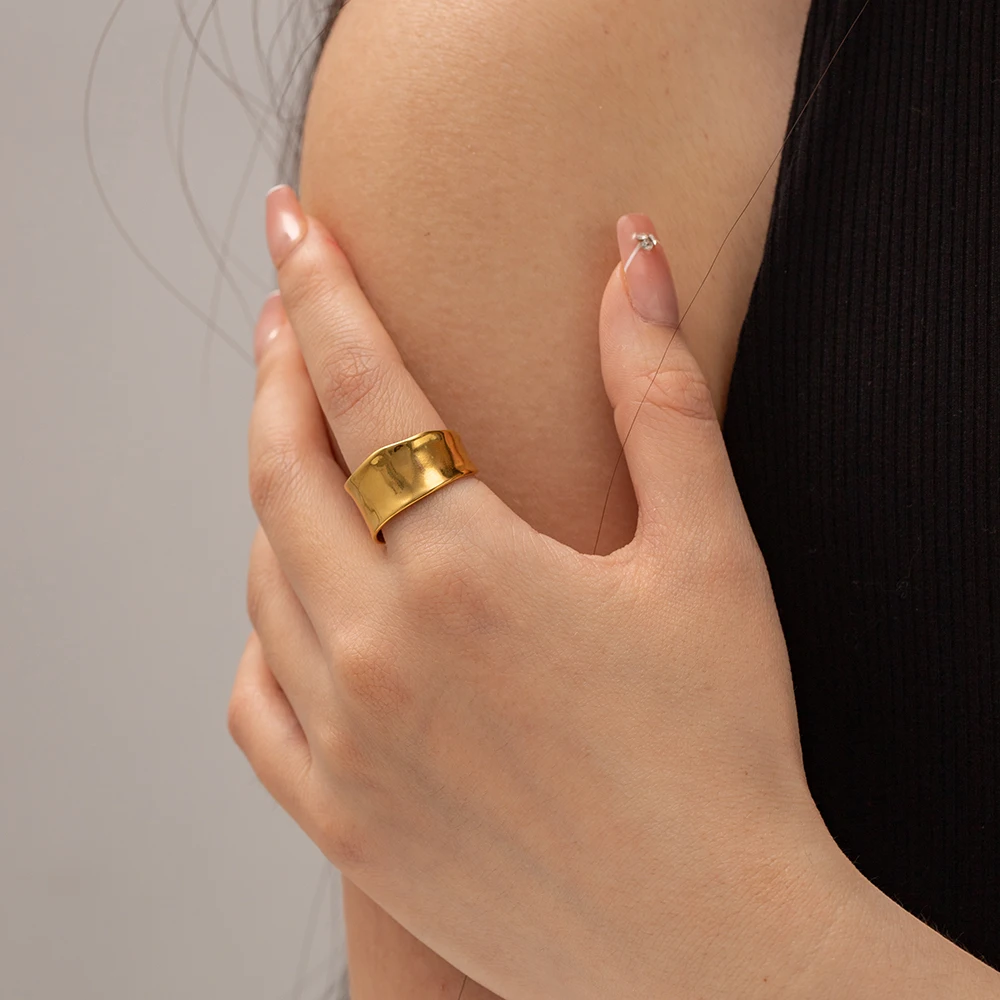 

Trendy Stainless Steel 18K Gold Plated Wrinkle Ring Gift Wide Geometric Statement Minimalism Rings for Women
