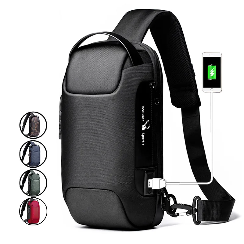 

Men's Canvas sports leisure Waterproof anti-theft USB Charging Large Capacity Crossbody Chest Bag sling bag for outdoor travel