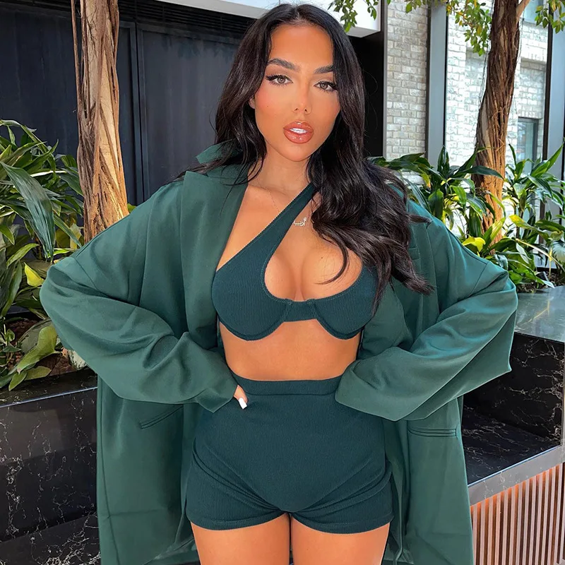 

2022 Spring Summer Women Solid Ribbed 2 Pieces Irregular Crop Top Biker Shorts Set Streetwear Tracksuit Outfit Sport