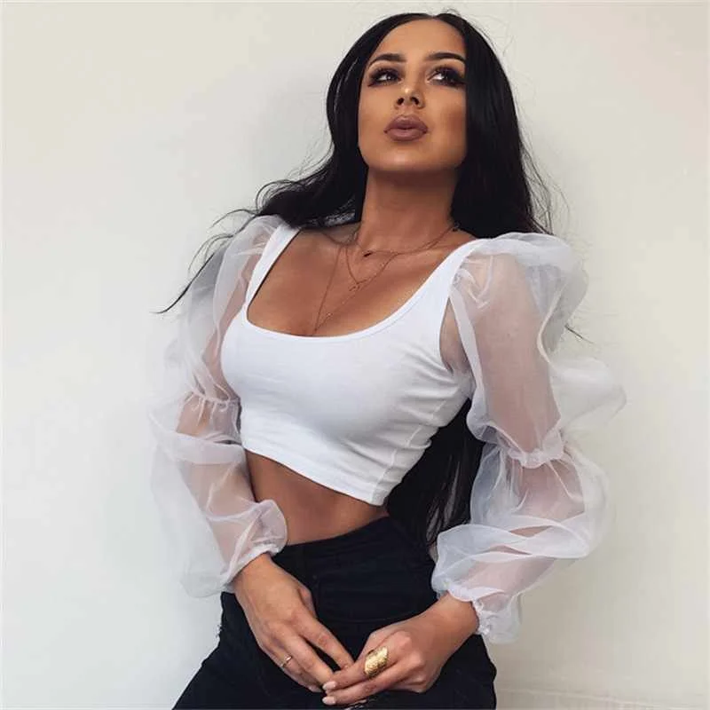 

Fashion New Designers Elegant Crop Top Grenadine Long Sleeve Hot Sale U-neck Blouse Shirt For Women Summer Office Wear
