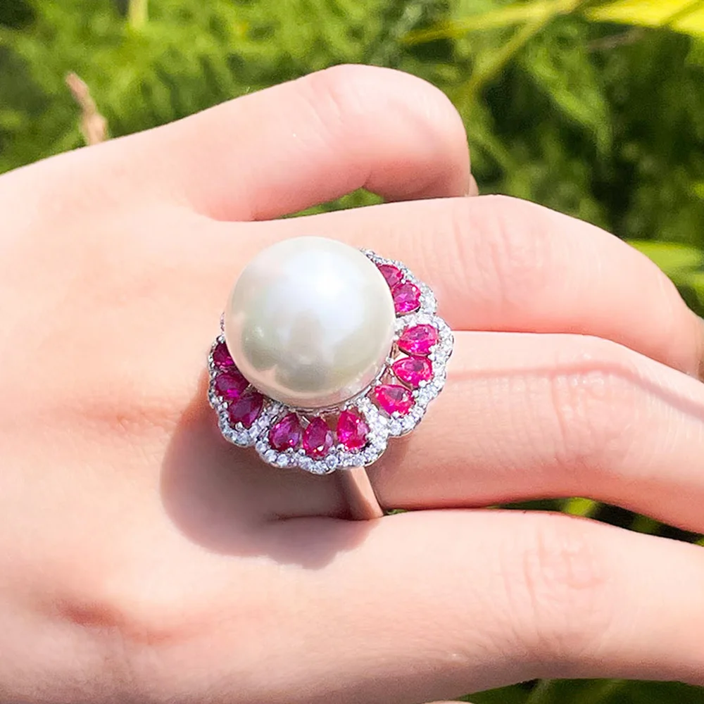 

Beautiful Chic Red Cubic Zircon Stone Silver Plated Flower Round Chunky Big Adjustable Pearl Ring for Women Party Wear Jewelry