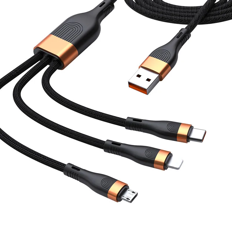 

2m Super quick charge 3 In 1 Nylon Braided 6a Micro Usb 66W PD data cable for iPhone11/11pro/HUAWEI/SAMSUNG, Black gold/dark green/orange red