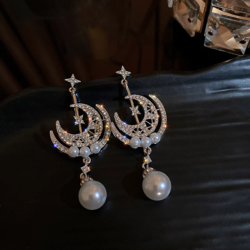 

fashion trendy drop pearl crystal earring moon star