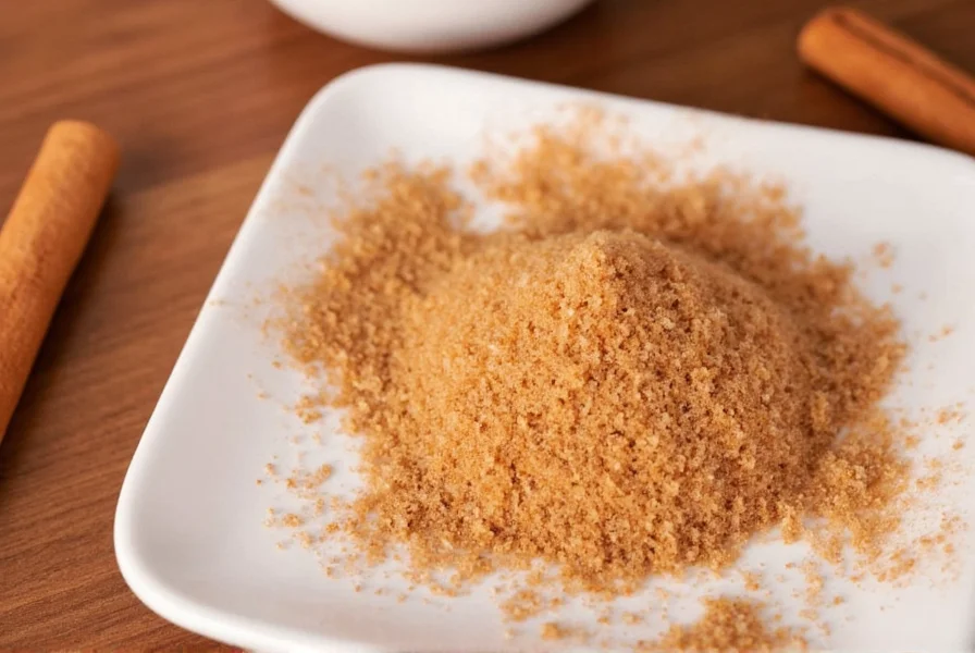 Close-up of hands mixing cinnamon and sugar in glass jar with measuring spoons nearby