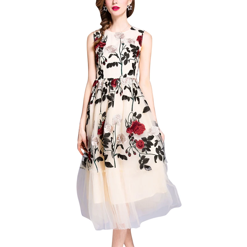 

Top sale women clothing Summer new style high-end Embroidered Gauze elegant A line O neck sleeveless princess casual embroidery, Flowers color
