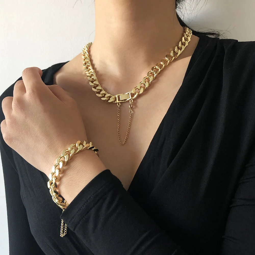 

New Fashion famous brand designer designed with High Quality Gold plated cuban chain hiphop Card buckle bracelet necklace sets