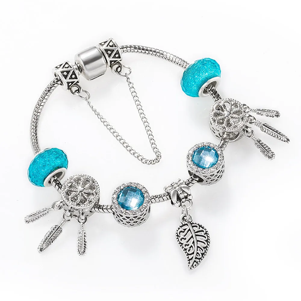 

New Style Silver Color Leaf Dreamcatcher Jewelry Charms Bracelet & Bangles for Women Blue Crystal Beads Pan Bracelet, Picture shows