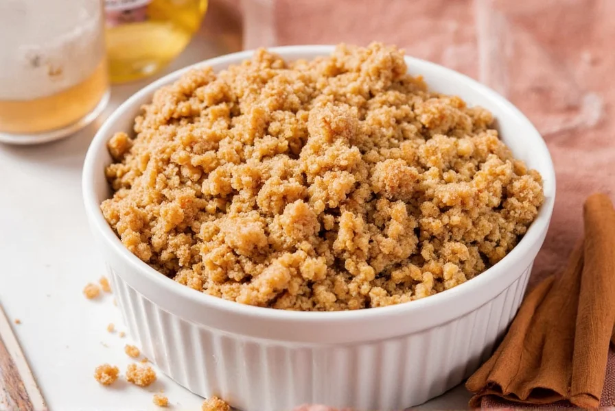 Step-by-step visual guide showing proper crumb size development in cinnamon crumble topping mixture