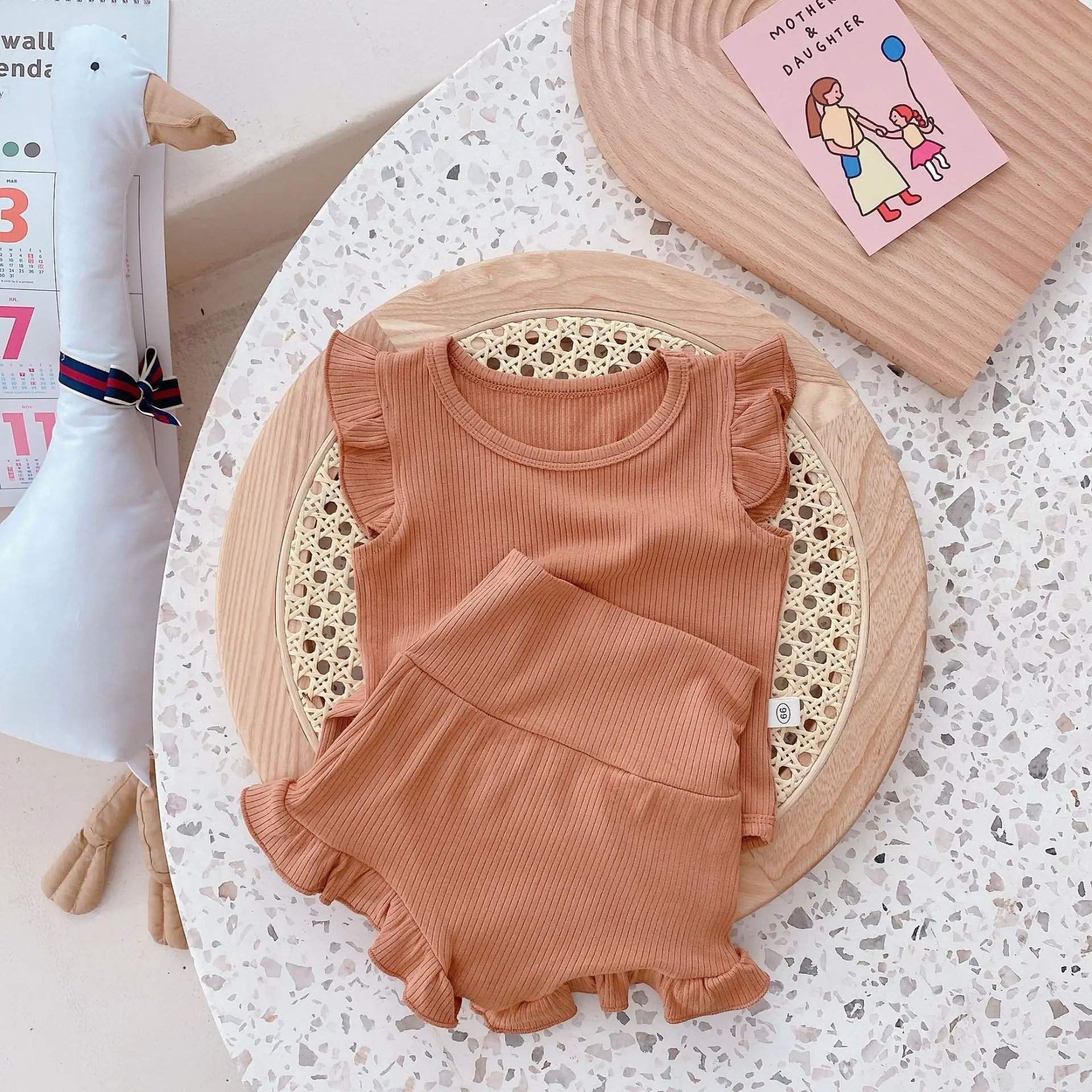 

New arrival summer baby clothes set ribbed newborn clothing flutter sleeve bloomers baby toddler girls outfits, Accept customized color