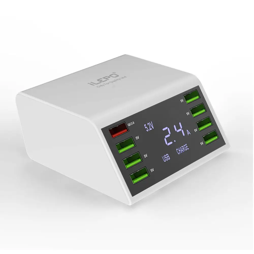 

ILEPO Unique LCD Display 60W QC 3.0 USB Charger including 8-Port USB Chargers for iPhone, iPad, Tablets, Cellphone, Black&white