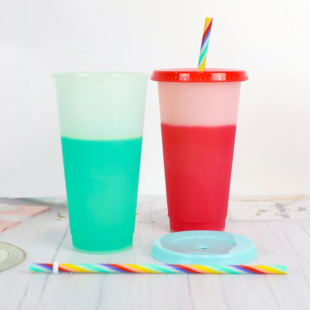 

24oz 16oz Plastic Reusable cold magic Drinking Tumblers with lid and straw Color Changing Cup Coffee mug, Customized color acceptable