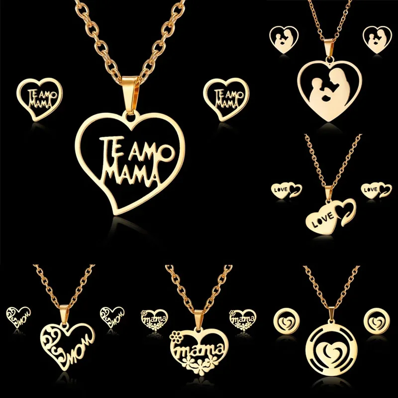 

Mother's Day Jewelry Set Gift Stainless Steel Mama Love Heart Pendant Necklace Earrings Mom Thanksgiving Gift