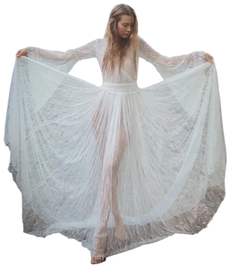 

Sexy White Lace Transparent Dress V Neck Elegant Flare Sleeves Long Dresses, White or grayish green