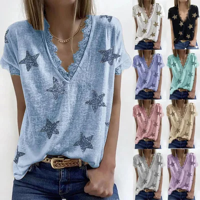 

Summer V-neck Print Lace T-Shirt Women Casual Loose Top Ladies Short Sleeve Basic Tees Camiseta De Mujer Female Clothing Coldker