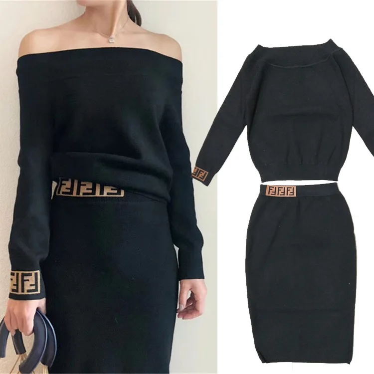 Fashion sexy off shoulder boat neck long sleeve knit top pullover sweater with tight pencil skirt two piece set women clothing