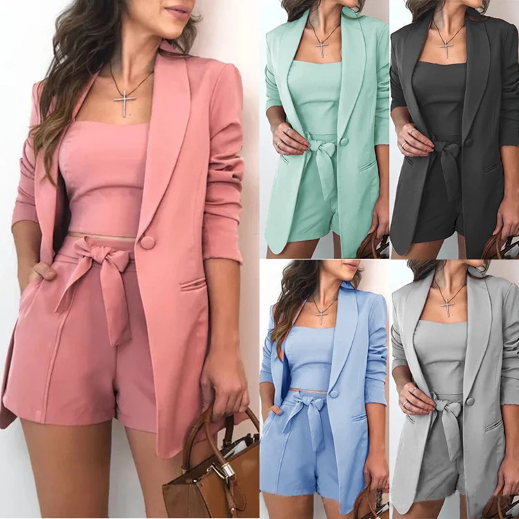 

Blazers Ladies Women European And American Sexy Solid Color Three-Piece Suit Blazer Coat And Pants Suit Short Set For Women