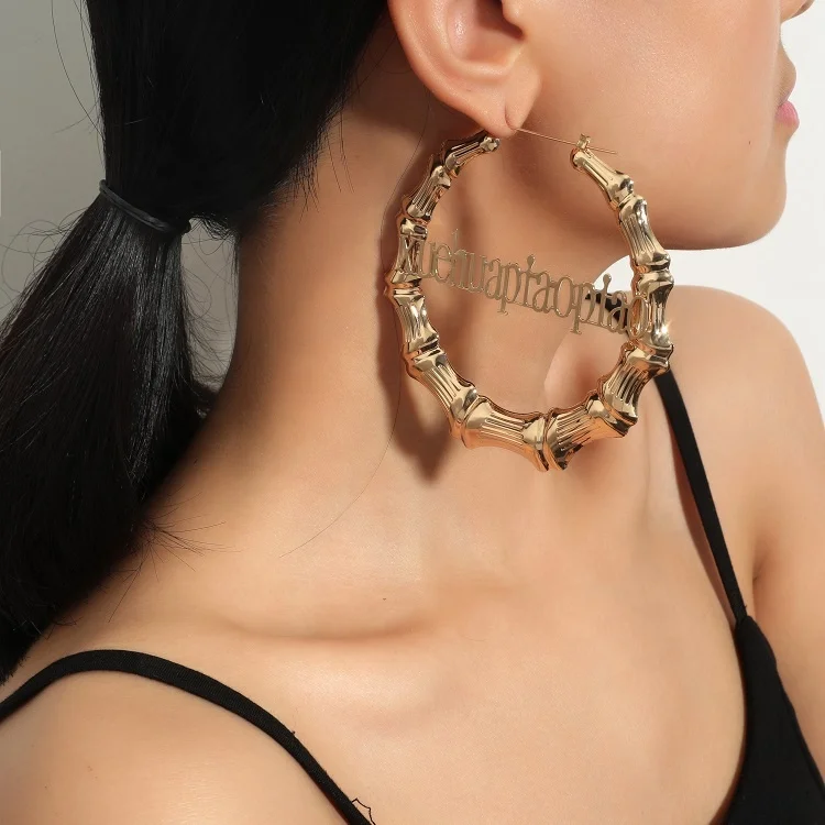

Exaggerate Gold Plated Large Alphabet Bamboo Earrings Geometric Big Circle Hoops Letters Earrings For Women