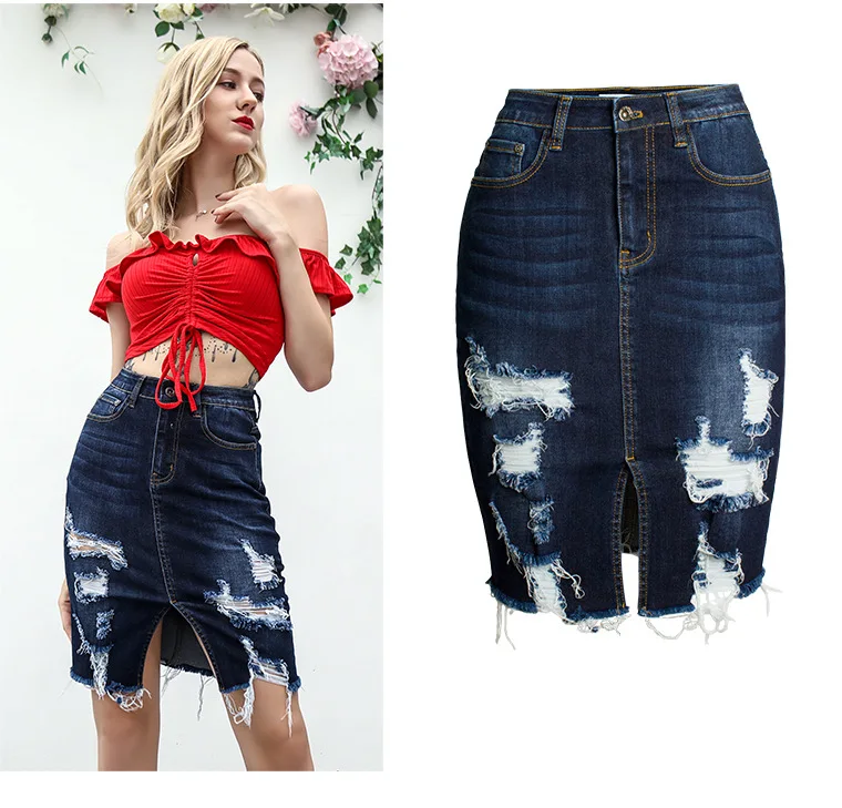 

Washed Frayed Fringe Denim Midi Skirts Ladies Plus Size Women Blue Jean Short Skirt