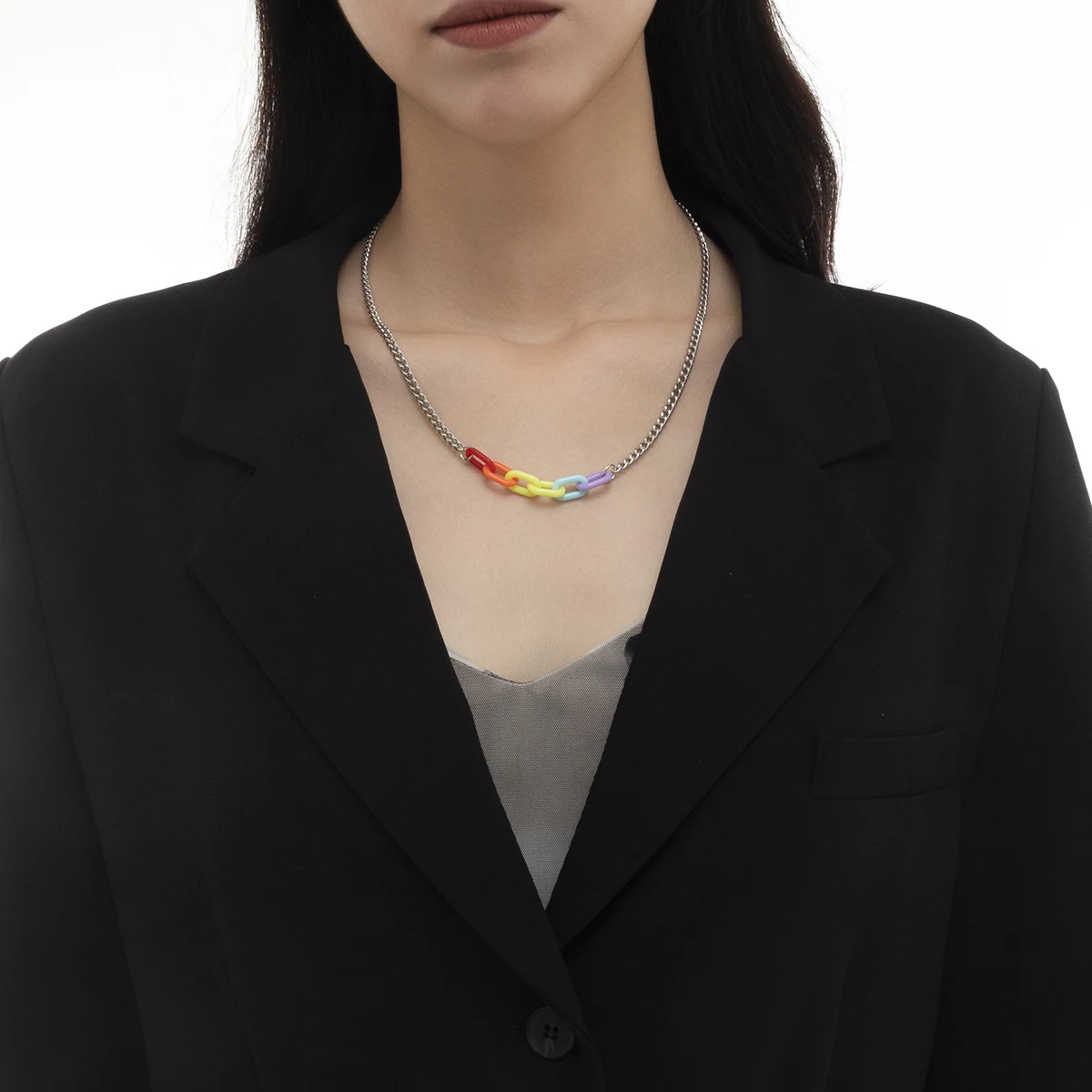 

SHIXIN Creative Colorful Acrylic Necklace Adjustable Silver Link Chain Necklace Minimalist Jewelry Necklace for Men Women