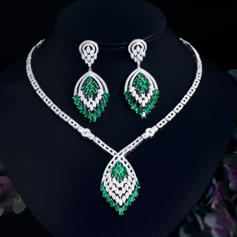 Big Chunky Dangle Drop Green Cubic Zirconia Fringed Chandelier Bridal Wedding Dubai Earring Necklace Jewelry Set