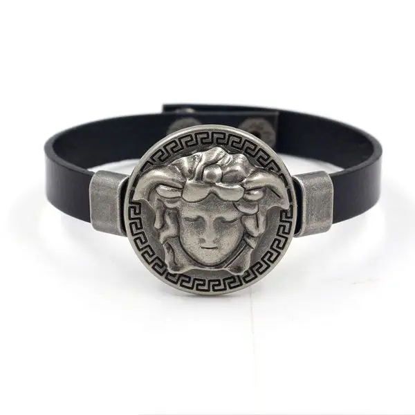 

Wholesale Black Real Leather Mala Bracelet Antique Silver Retro Medusa Braided Bracelet &Bangle For Men And Women 2020