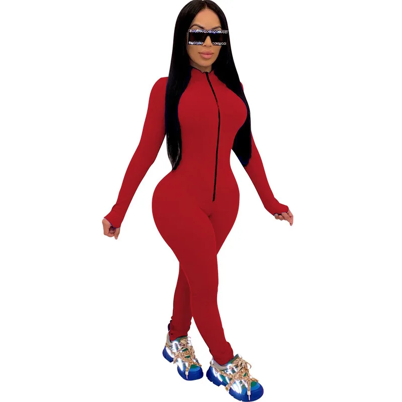 

Best Selling Stylish Zipper Fall Fashion Long Sleeve Women One Piece Jumpsuits 2020 Casual Clothing, White, yellow, red, gray, black, blue, pink, orange, lake blue