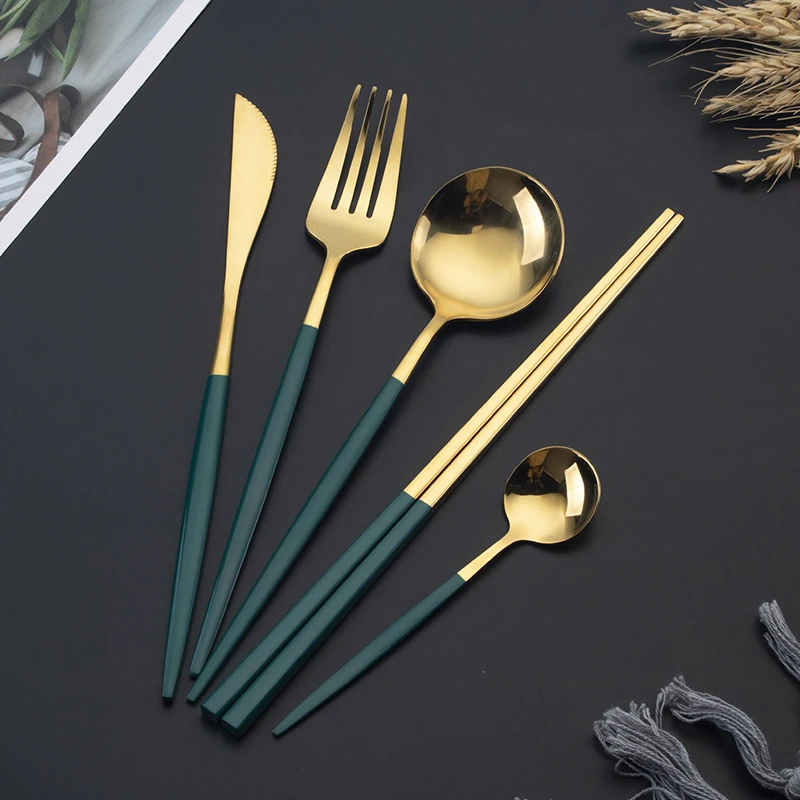 

Portable travel Stainless steel gold silverware tableware gold cutlery wedding spoon knives fork