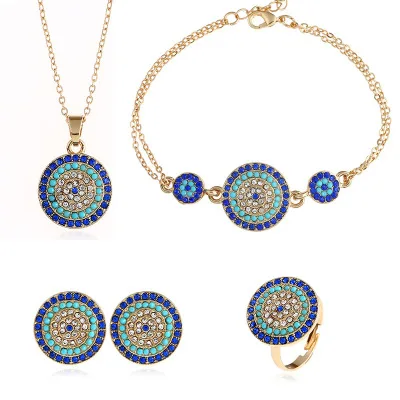 

4PCS Jewelry Set Turkish Blue Evil Eyes Jewelry Set Full CZ Crystal Circle Evil Eyes Earring Necklace Ring Bracelet For Girls