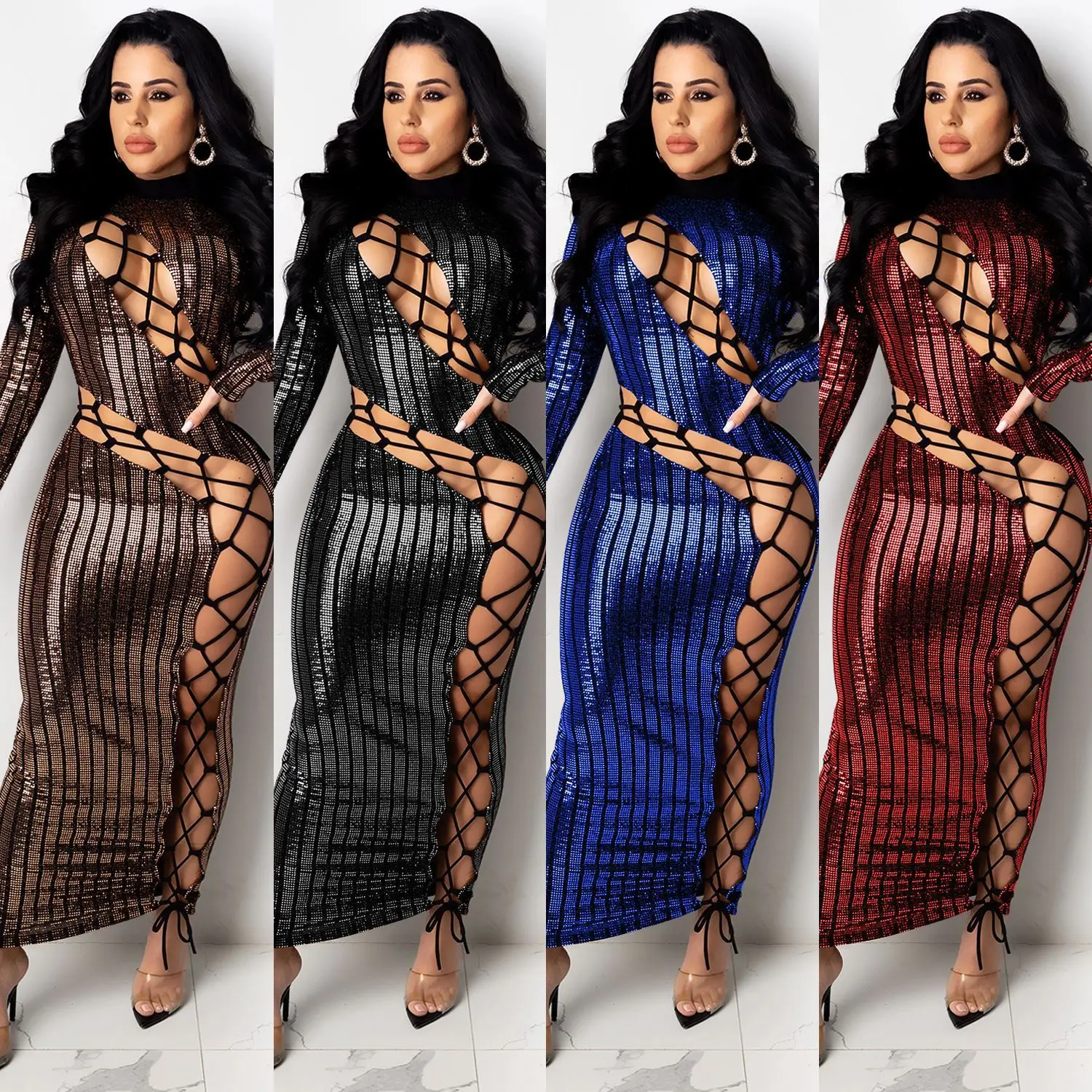 

2020 Fall Fashion Solid Color Plus Size Evening Dresses Sexy Sequin Dress Plus Size Hollow Out Dresses, 2 colors