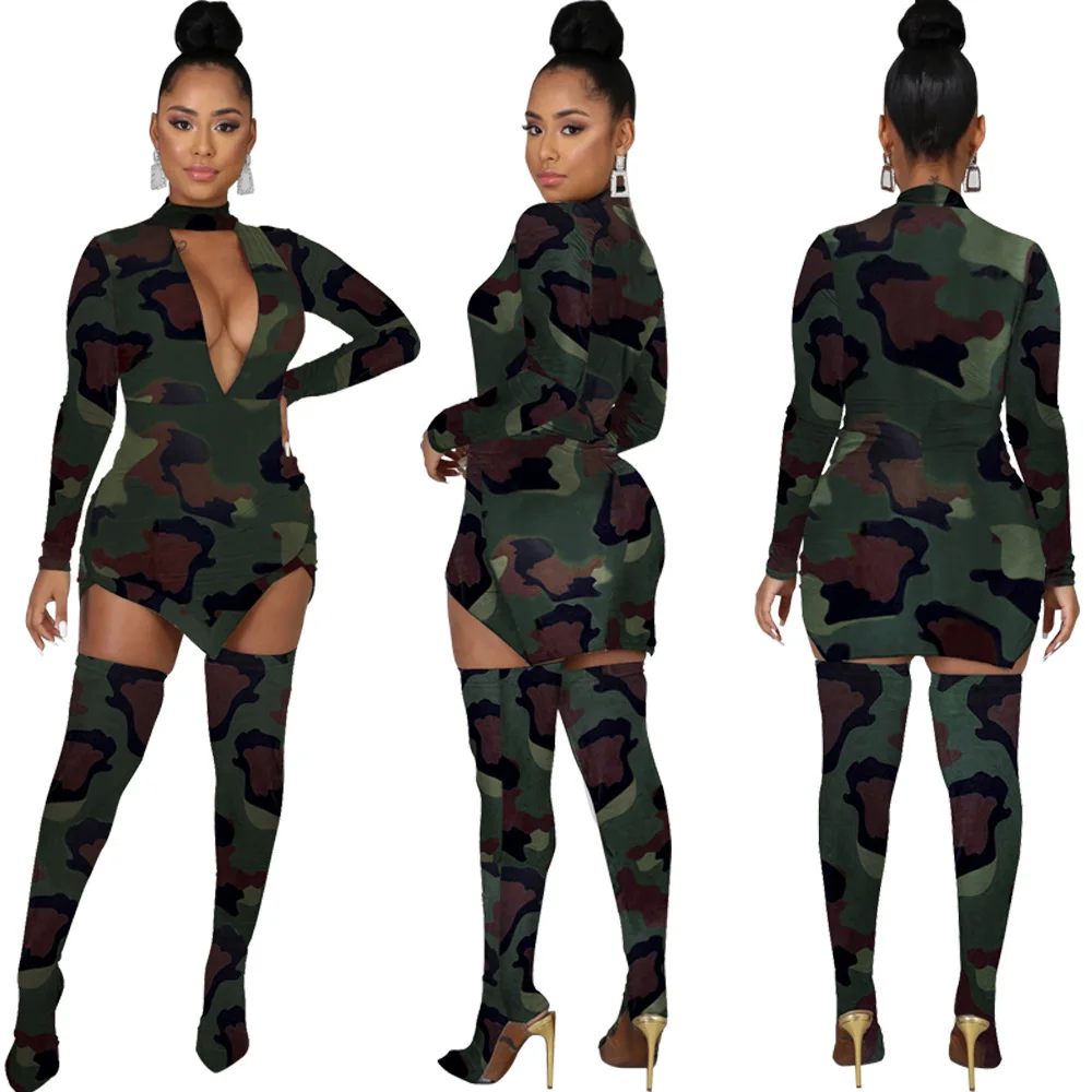 

Hot style sexy two piece sets women American deep V print long sleeve stockings two piece nightclub outfit A7064
