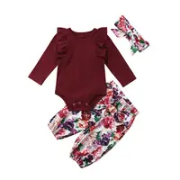 

2020 Hot Style European Kids Floral Pant + Wine Red Romper + Headband Three-piece Baby Girls Set