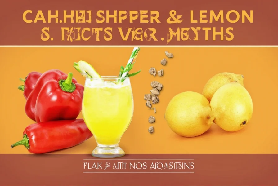 Close-up of fresh cayenne peppers and sliced lemons in a glass of water