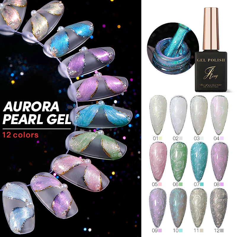 

JTING Hot popular 12 Colors sparking aurora pearl gel polish OEM private label Pearl powder nail uv gel polish set