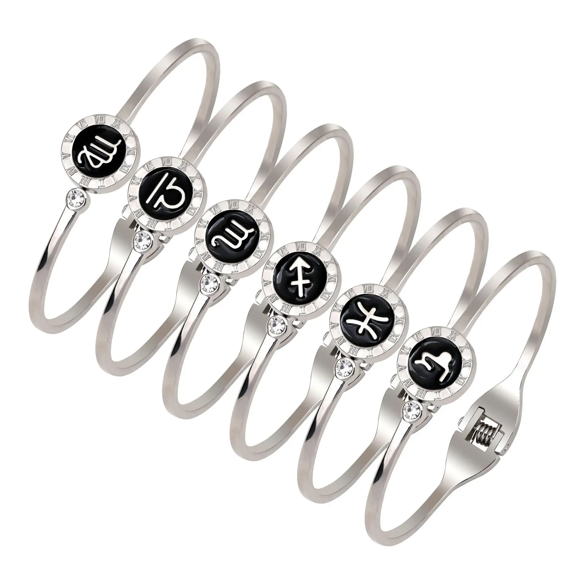 

2021 Amazon popular 12 zodiac signs bangle bracelet high quality crystal Stainless Steel constellation cuff Bracelet