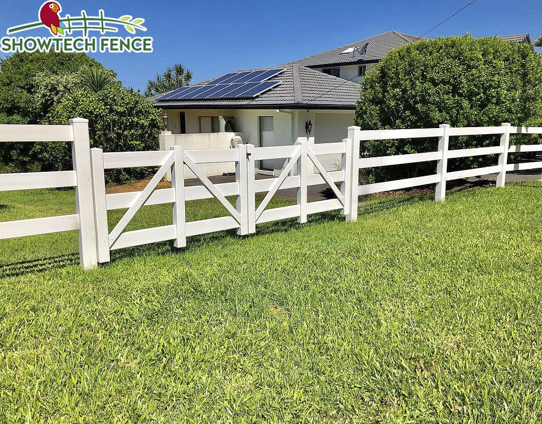 

Showtech HIGH QUALITY wholesale 3 rail pvc plastic vinyl Ranch farm horse rail fence panels, White/grey/tan/adobe/red wood